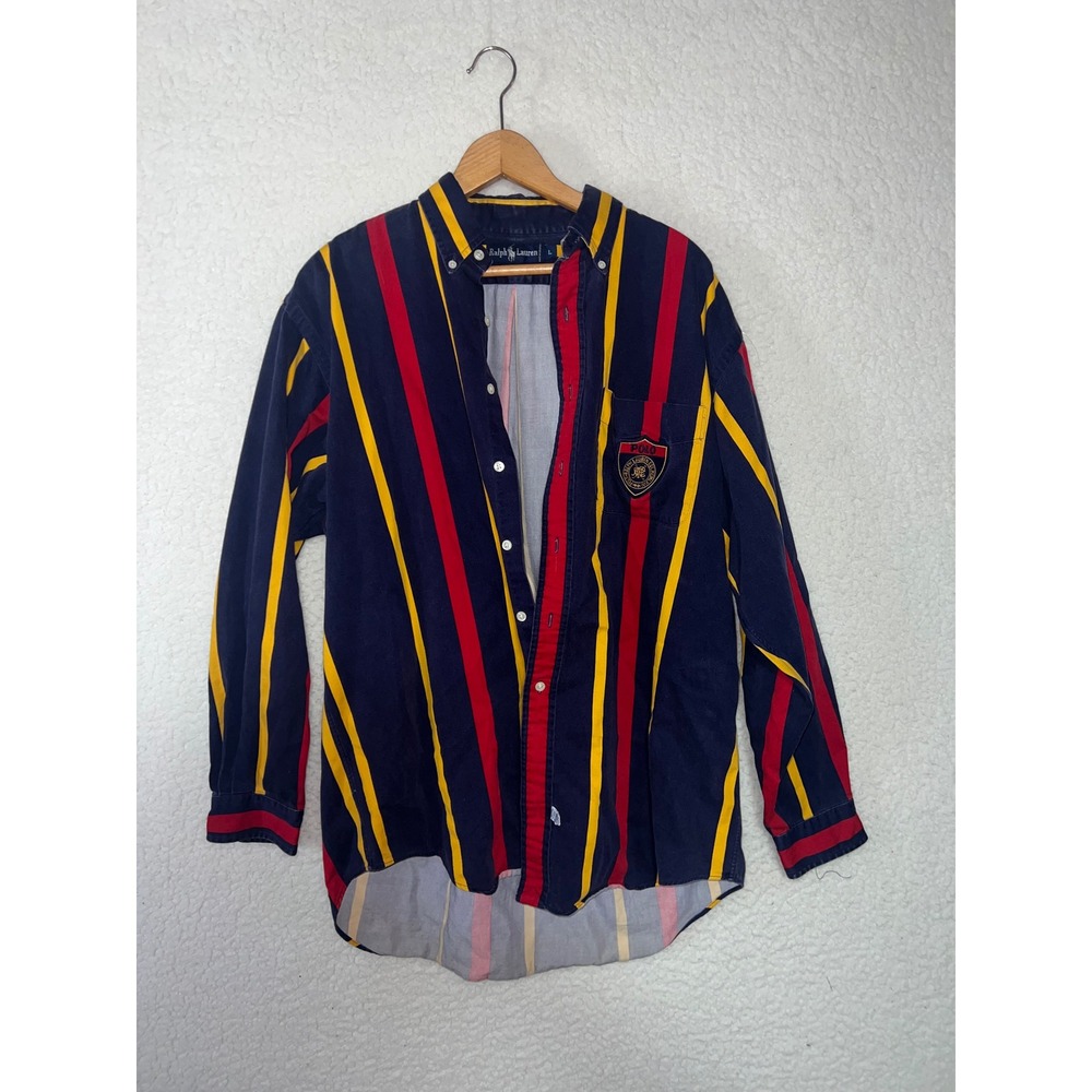 Vtg Ralph Lauren Polo Crest Striped Button Down Shirt Men's L brushpopper style